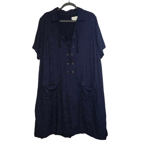 By Anthropologie Plus Size Finley Lace Up Linen Blend Shirt Dress in Blue breath - Picture 2 of 12